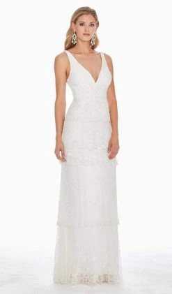 Ashley Lauren - 1422 Beaded Tiered Plunging V-Neck Dress