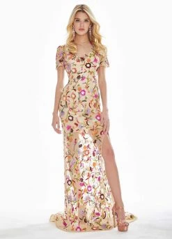 Ashley Lauren - 1442 Floral Sequined Dress With Slit