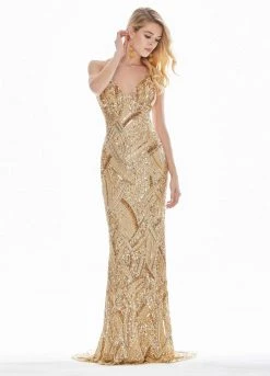 Ashley Lauren - 1446 Bedazzled V-neck Sheath Dress With Train