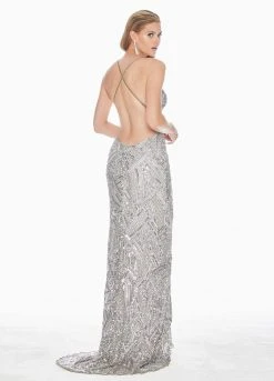 Ashley Lauren - 1446 Bedazzled V-neck Sheath Dress With Train