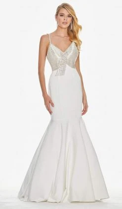 Ashley Lauren - 1485 Beaded Fringe Plunging V-neck Mermaid Dress