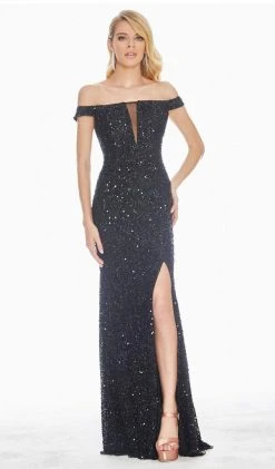 Ashley Lauren - 1562 Beaded Off-Shoulder Gown With Slit