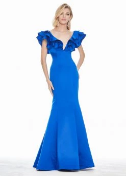 Ashley Lauren - 1566 Ruffled Cap Sleeve Plunging V-Neck Gown