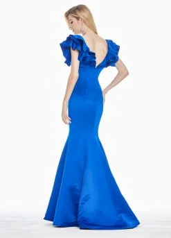 Ashley Lauren - 1566 Ruffled Cap Sleeve Plunging V-Neck Gown