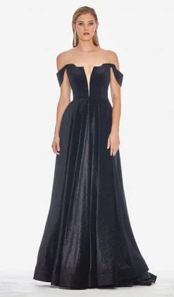 Ashley Lauren - 1567 Deep Off-Shoulder Glitter Velvet A-line Dress