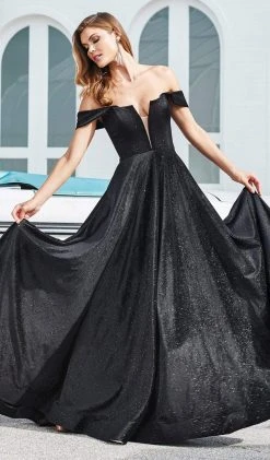 Ashley Lauren - 1567 Deep Off-Shoulder Glitter Velvet A-line Dress