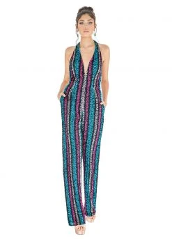 Ashley Lauren - 1616 Beaded Striped Deep V-neck Jumpsuit
