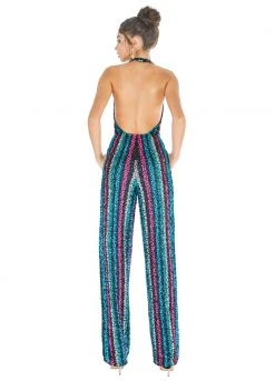 Ashley Lauren - 1616 Beaded Striped Deep V-neck Jumpsuit