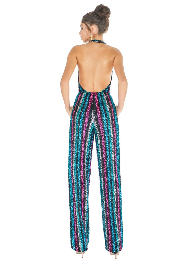 Ashley Lauren - 1616 Beaded Striped Deep V-neck Jumpsuit 4 Ashley Lauren - 1616 Beaded Striped Deep V-neck Jumpsuit
