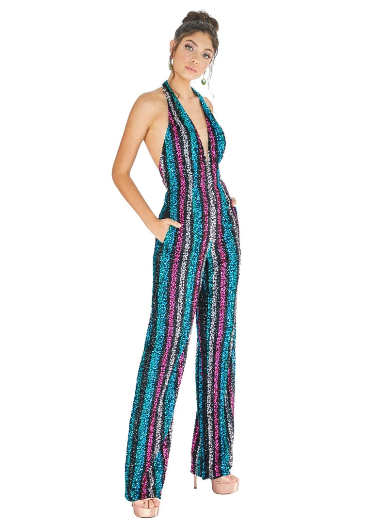 Ashley Lauren - 1616 Beaded Striped Deep V-neck Jumpsuit 5 Ashley Lauren - 1616 Beaded Striped Deep V-neck Jumpsuit