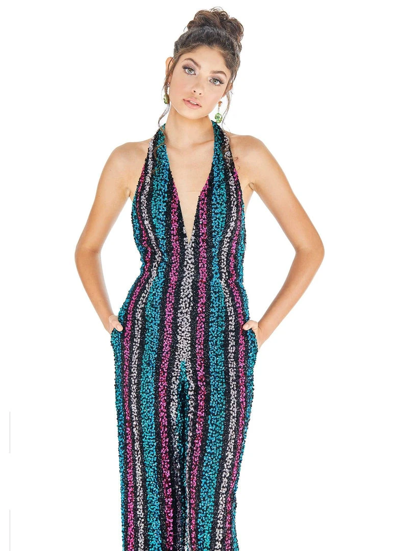 Ashley Lauren - 1616 Beaded Striped Deep V-neck Jumpsuit 6 Ashley Lauren - 1616 Beaded Striped Deep V-neck Jumpsuit
