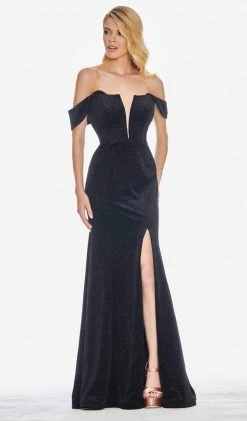 Ashley Lauren - 1669 Plunging Off-Shoulder Glitter Velvet Dress