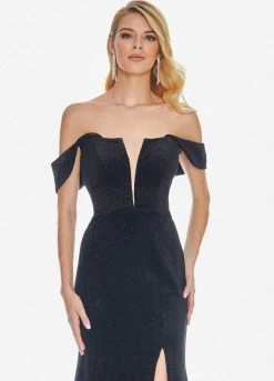 Ashley Lauren - 1669 Plunging Off-Shoulder Glitter Velvet Dress