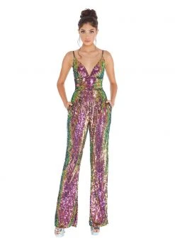 Ashley Lauren - 1726 Allover Sequin Sleeveless V Neck Jumpsuit