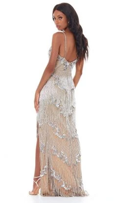 Ashley Lauren - 1817X Beaded Fringe Plunging V Neck Dress