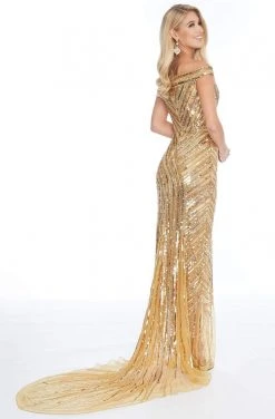 Ashley Lauren - 1820 Sequined Plunging Off-Shoulder Sheath Dress