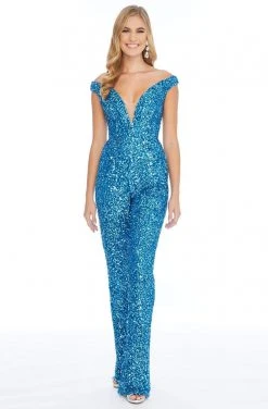 Ashley Lauren - 1825 Sequined Deep Off-Shoulder Jumpsuit
