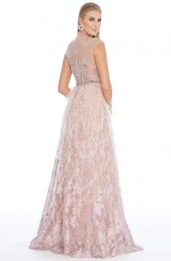 Ashley Lauren - 1886 Embroidered High Neck Feathered A-line Dress