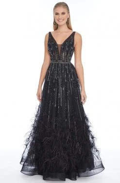 Ashley Lauren - 1902 Beaded Deep V-neck Feathered A-line Gown