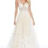 Ashley Lauren - 1902 Beaded Deep V-neck Feathered A-line Gown