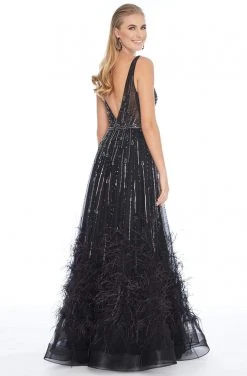 Ashley Lauren - 1902 Beaded Deep V-neck Feathered A-line Gown