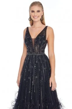 Ashley Lauren - 1902 Beaded Deep V-neck Feathered A-line Gown