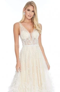Ashley Lauren - 1902 Beaded Deep V-neck Feathered A-line Gown