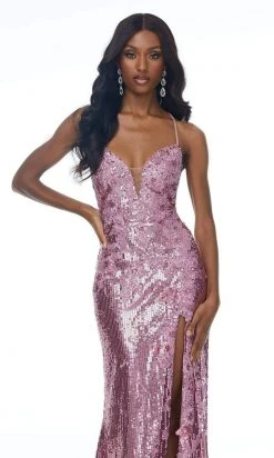 Ashley Lauren - 1996 Sequined Lace Deep V Neck Sheath Dress