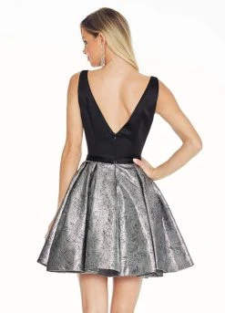 Ashley Lauren - 4056 Satin Deep V-neck Brocade A-line Dress