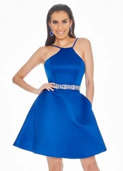 Ashley Lauren - 4071 Satin Halter Neck Crystal Beaded Belt Short Dress