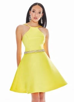 Ashley Lauren - 4071 Satin Halter Neck Crystal Beaded Belt Short Dress