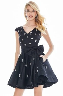 Ashley Lauren - 4080 Beaded Cap Sleeve Bow-Ornate Satin Dress