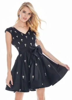 Ashley Lauren - 4080 Beaded Cap Sleeve Bow-Ornate Satin Dress