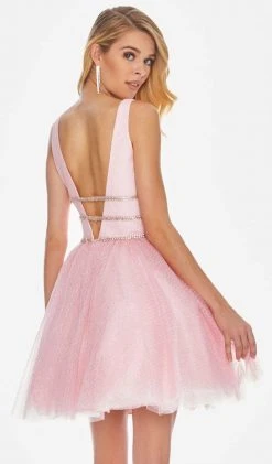 Ashley Lauren - 4180 Deep V-neck Glitter Tulle A-line Dress