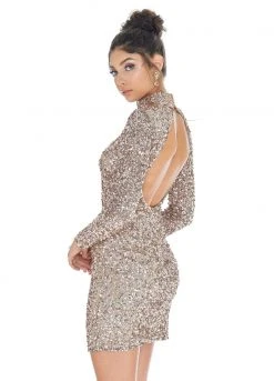 Ashley Lauren - 4252 Long Sleeve Open Back Sequined Cocktail Dress