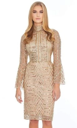 Ashley Lauren - 4265 Embellished Bell Sleeve High Neck Fitted Dress