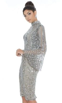 Ashley Lauren - 4265 Embellished Bell Sleeve High Neck Fitted Dress