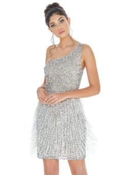 Ashley Lauren - 4273 Sequined One Shoulder Fringe Sheath Dress