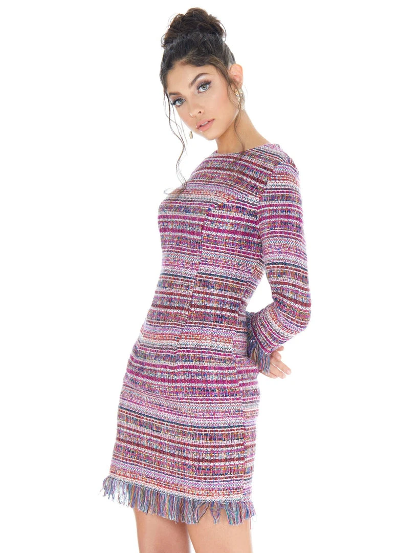Ashley Lauren - 4283 Quarter Length Sleeve Tweed Fringe Dress 5 Ashley Lauren - 4283 Quarter Length Sleeve Tweed Fringe Dress