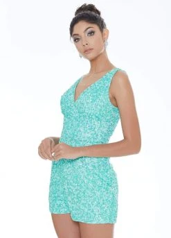 Ashley Lauren - 4286 Sleeveless V Neck Full Sequins Romper 14 Ashley Lauren - 4286 Sleeveless V Neck Full Sequins Romper