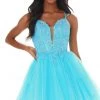 Ashley Lauren - 4299 Embroidered Deep V Neck Tulle A-line Dress