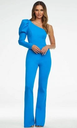 Ashley Lauren - Puff Sleeve Jumpsuit 11120 - 1 Pc Blue In Size 8 Available