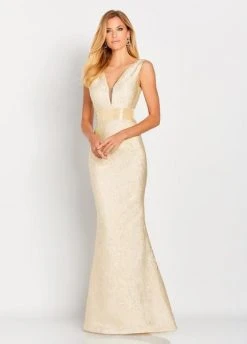 Cameron Blake By Mon Cheri - Plunging Metallic Brocade Gown 119669 - 1 Pc Maize In Size 6 Available