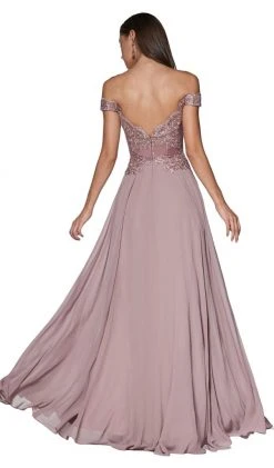 Cinderella Divine - 7258 Flowy Chiffon Lace Embellished A-Line Gown