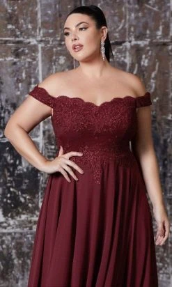 Cinderella Divine - 7258 Flowy Chiffon Lace Embellished A-Line Gown