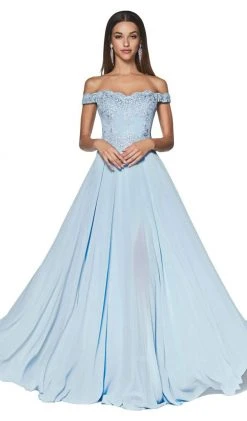 Cinderella Divine - 7258 Flowy Chiffon Lace Embellished A-Line Gown