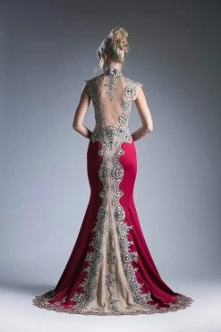 Cinderella Divine - 7263 Cap Sleeve Gilded Lace Queen Anne Long Gown