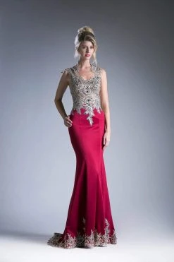 Cinderella Divine - 7263 Cap Sleeve Gilded Lace Queen Anne Long Gown