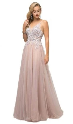 Cinderella Divine - Appliqued V-neck Tulle A-line Dress