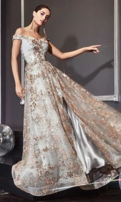 Cinderella Divine - CB069 Embellished Print Off Shoulder Gown